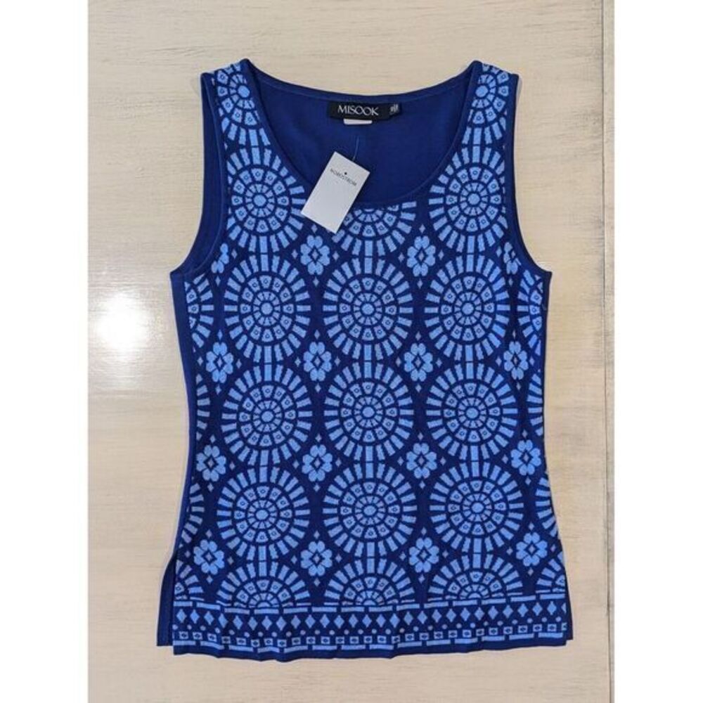 Misook Classic‎ Knit Tank Top Women's XS Sleeveless Pullover Blue Pattern NWT